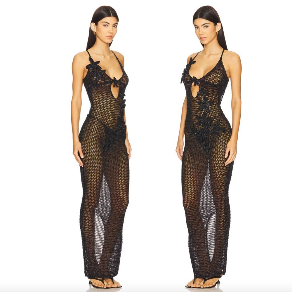 NEW Bananhot Hilsa Maxi Dress in Knitted Black Net Sheer XS Small - Picture 2 of 3